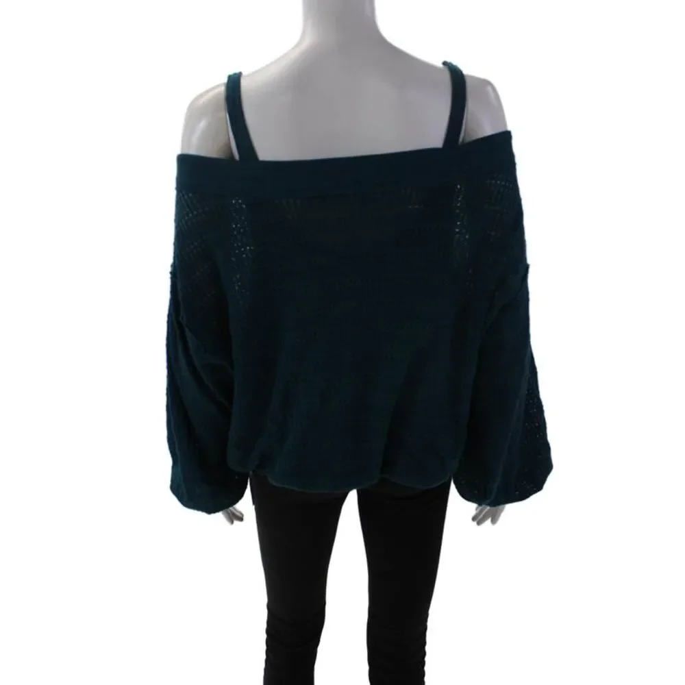 Free People Womens 3/4 Sleeve Cold Shoulder Open Knit Sweater Blue Size Medium